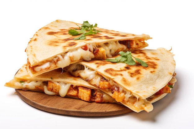 A mouthwatering closeup image of a cheesy quesadilla showcasing its delicious ingredients and texture against a white background