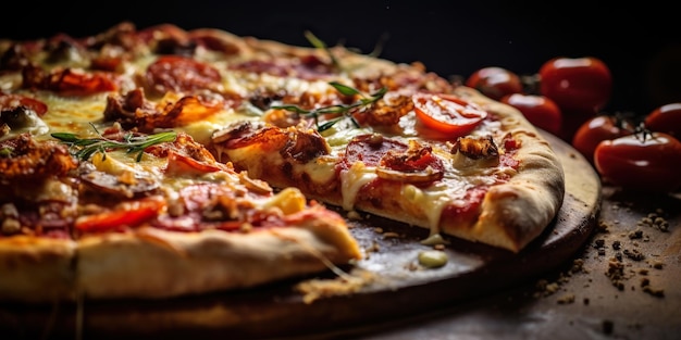 A mouthwatering closeup view of a scrumptious pizza featuring a perfectly baked crust melted cheese and a variety of flavorful toppings that promise a delightful culinary experience Generative AI