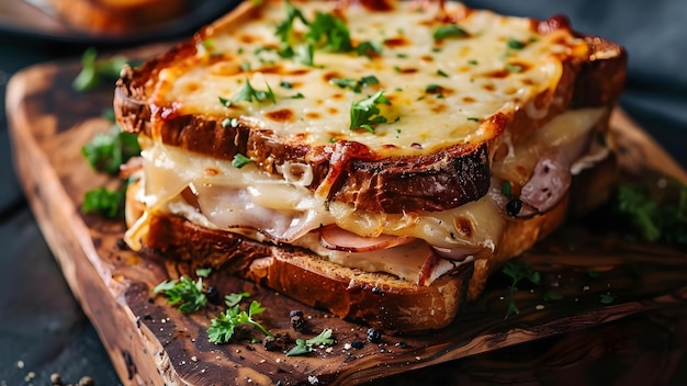 A Mouthwatering Croque Monsieur Sandwich Up Close Concept Food Photography Gourmet Meals Savory Dishes French Cuisine Cheesy Sandwiches