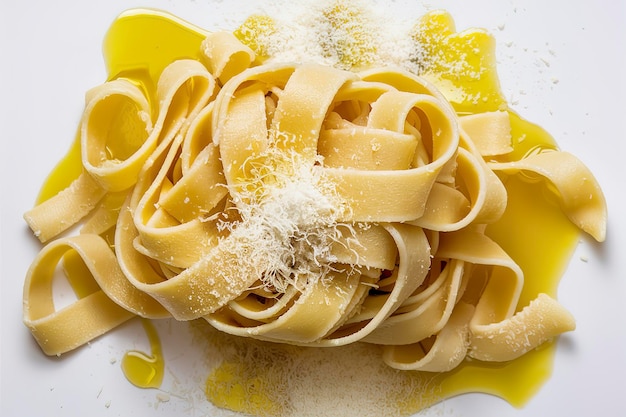 Photo a mouthwatering display of homemade pasta tagliatelle artfully arranged on a pristine white background