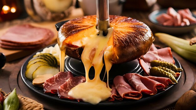 A mouthwatering food photograph showcasing a raclette dish