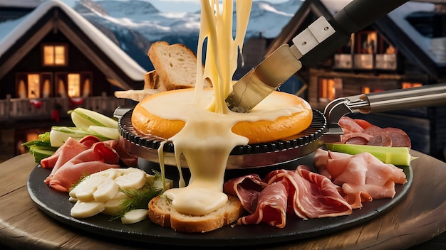 A mouthwatering food photograph showcasing a raclette dish