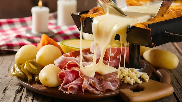 A mouthwatering food photograph showcasing a raclette dish