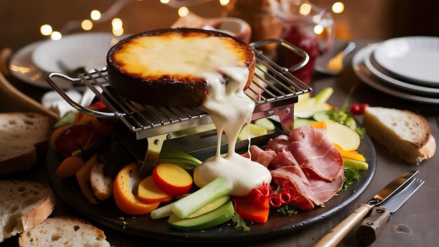 A mouthwatering food photograph showcasing a raclette dish