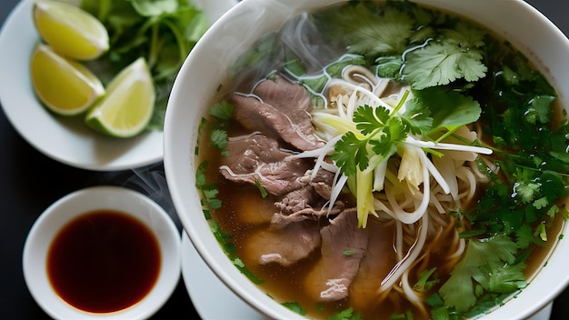 A mouthwatering food photography of a traditional Vietnamese Pho dish