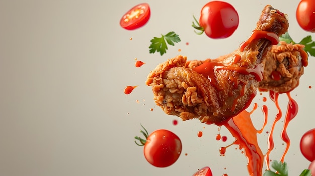 Mouthwatering Fried Chicken Leg Suspended in Vibrant Tomato Sauce Swirl