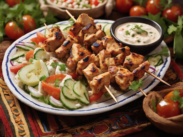 Mouthwatering Grilled Chicken Skewer with Fresh Vegetables and Fruits