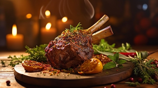 A mouthwatering lamb shank tender and succulent accompanied by aromatic herbs and a savory sauce