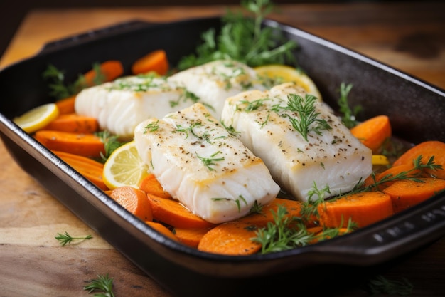 Photo mouthwatering and perfectly seasoned whole fish being roasted to perfection in a sizzling pan