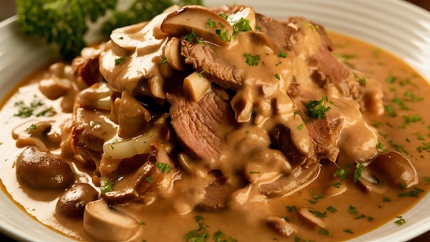 A mouthwatering photo of a steaming bowl of Beef Stroganoff