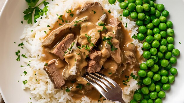 A mouthwatering photo of a steaming bowl of Beef Stroganoff