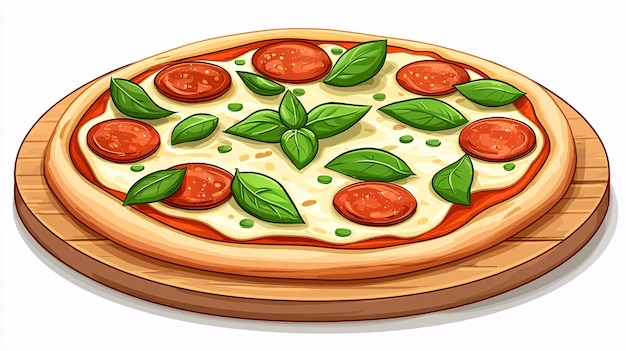 Mouthwatering pizza illustration with bubbling cheese pepperoni and basil on rustic wooden