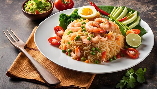 Photo mouthwatering plate of indonesianstyle nasi goreng fried rice with shrimp and vegetables