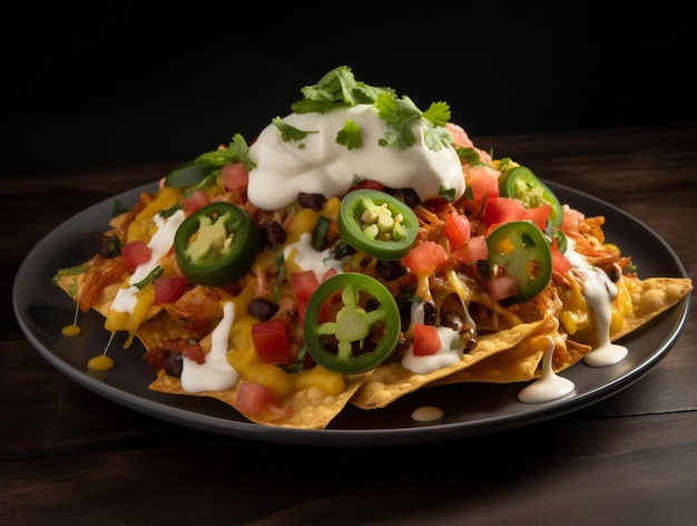 mouthwatering plate of nachos with layers of tortilla chips