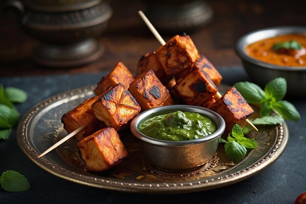 A mouthwatering platter of paneer tikka with a side of