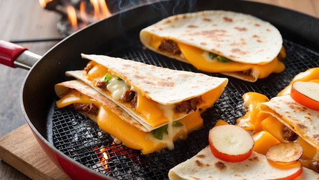 Photo mouthwatering quesadillas cooking in a skillet perfect for gatherings or meals