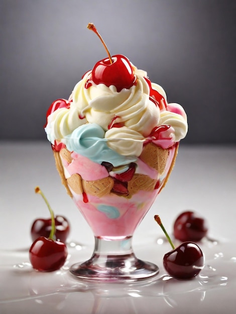 Mouthwatering Rainbow Ice Cream Sundaes Garnish with a glazed cherry on top