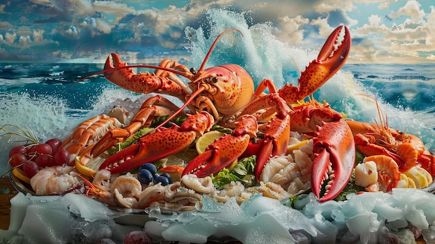 A mouthwatering seafood platter brimming with succulent lobster shrimp and crab legs served against a backdrop of ocean waves