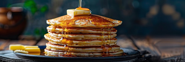 Photo a mouthwatering stack of fluffy pancakes topped generative ai