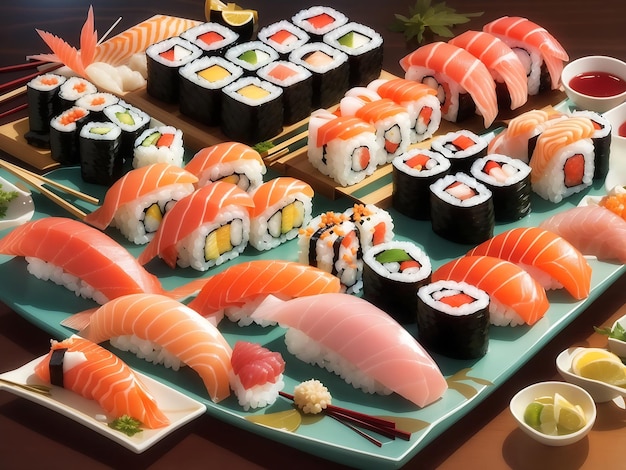 mouthwatering sushi platter with an assortment of nigiri maki and sashimi