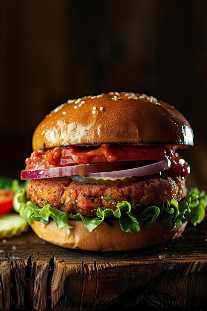 a mouthwatering vegan burger overflowing with colorful plantbased toppings and sides the enticing textures and vibrant flavors making it irresistible for restaurant advertising and food reviews