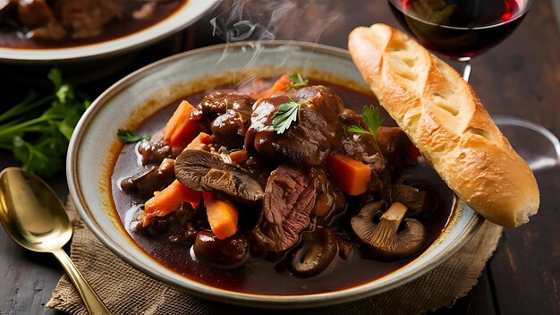 A mouthwatering and vibrant food photography of Boeuf Bourguignon