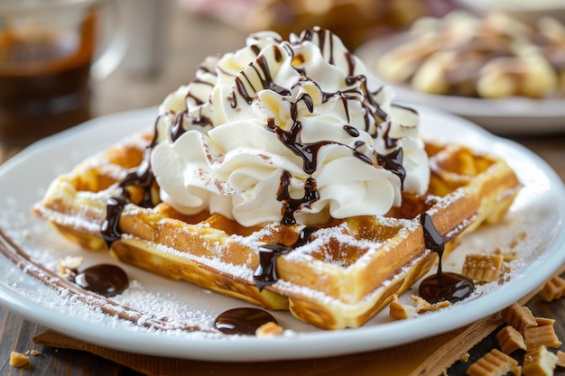 Photo mouthwatering waffles with whipped cream and chocolate sauce drizzled over