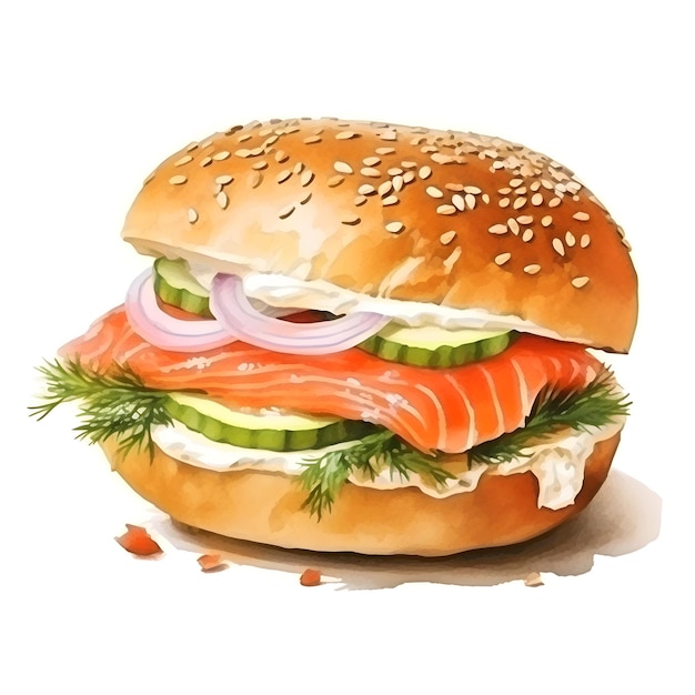 Mouthwatering Watercolor of Savory Smoked Salmon Bagel with Cream Cheese on White Background