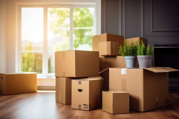 Move concept Cardboard boxes and cleaning things for moving into a new home Generative AI