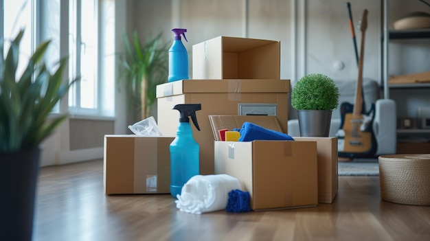 Move concept room with cardboard boxes and cleaning accessories ready relocation and transportation