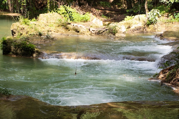 Movement motion and flowing of water at Chet Sao Noi small waterfalls or Namtok Chet Sao Noi National Park at Muak Lek District in the Saraburi Province of Thailand