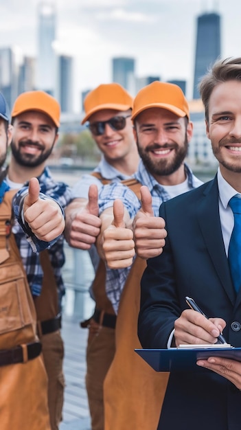 Movers showing thumbs up at camera near businessman writing on clipboard outdoors