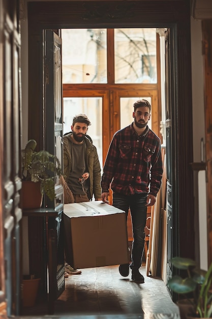 Photo movers transporting things to a new apartment generative ai