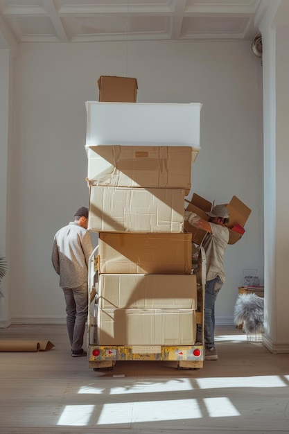 Photo movers transporting things to a new apartment generative ai