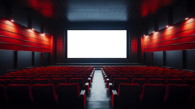 Movie cinema hall interior with red rows of seats and white blank mockup screen Ai generative illustration