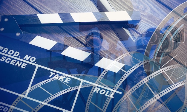 Movie clapper board and film tapes