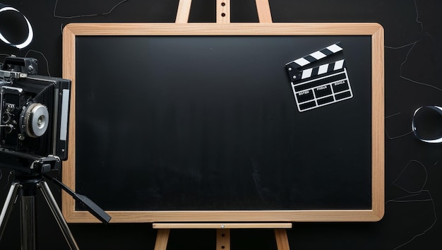 Photo movie clapper on wooden board with tripod and camera on black background