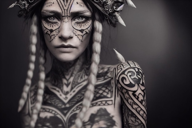 Movie epic portrait of an woman elf necromancer with detailed tribal tattoos Fantasy concept races AI Generated Art