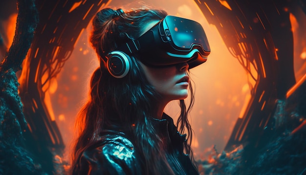 Movie girl wearing virtual reality glasses Generative AI