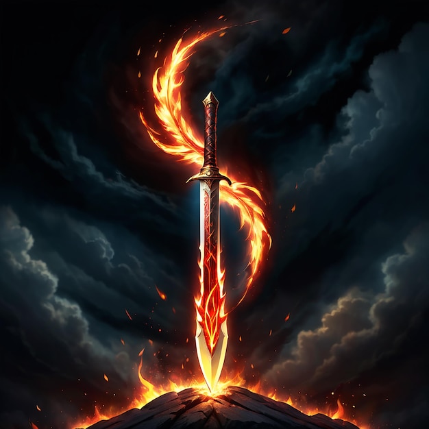 a movie poster for a sword and fire with a mountain in the background