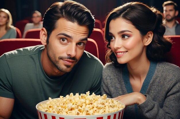 Photo a movie scene with a man and woman watching a movie with a cup of popcorn