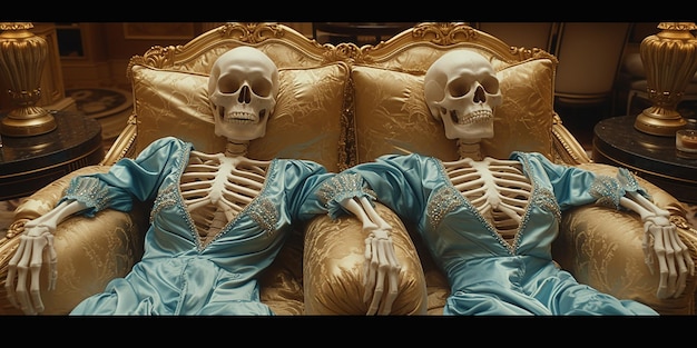 Movie Still Gnawed Skeletons Lying on the Bed