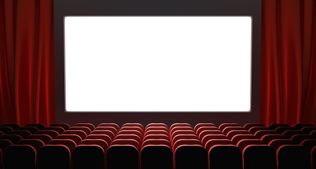 Movie theater cinema hall with white screen red curtains and rows of seats Realistic interior of dark cinema auditorium with light blank screen and chair backs Premiere of film