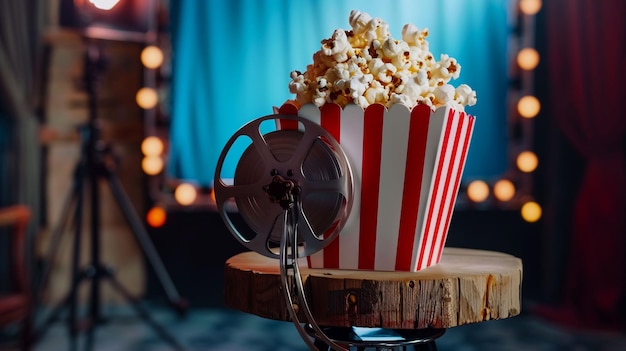 A movie theater is shown with a red striped bucket and popcorn in the foreground