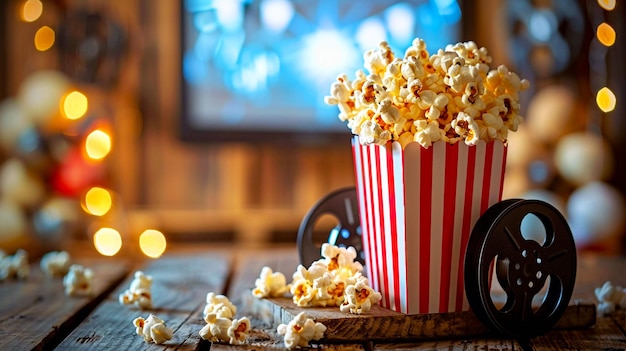 A movie theater is shown with a red striped bucket and popcorn in the foreground