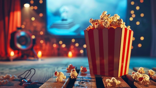 A movie theater is shown with a red striped bucket and popcorn in the foreground