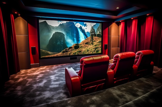 A movie theater with a large screen and three red chairs