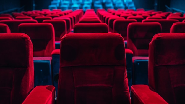 a movie theater with a red and blue screen and a red chair with a blue and white background