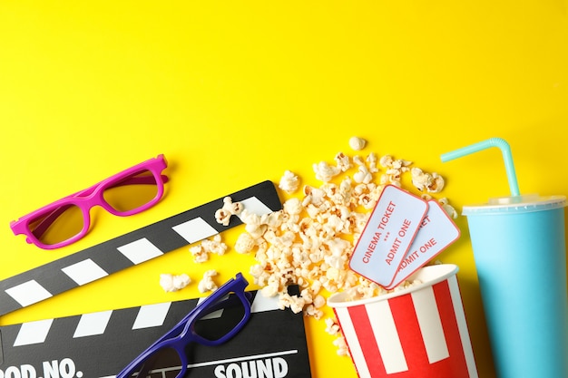 movie watching accessories on yellow background