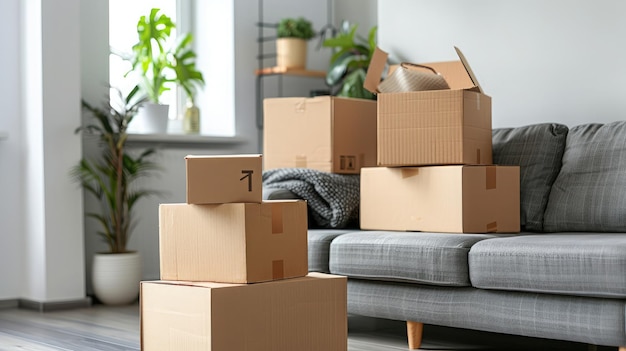 Moving day concept cardboard carton boxes stack with household belongings in modern house living room packed containers on floor in new home relocation renovation removals and delivery service